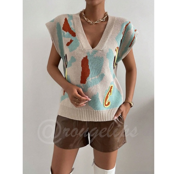 Knit Sleeveless Vest V-Neck Graphic Abstract Pattern Beige Oversized Loose Fit - Picture 6 of 11